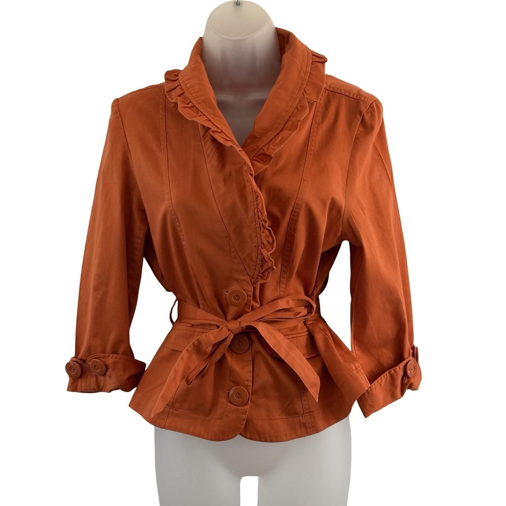 Last Kiss Blazer Womens Large Orange Cotton Ruffle Belted Jacket 3/4 Sleeve Y2K